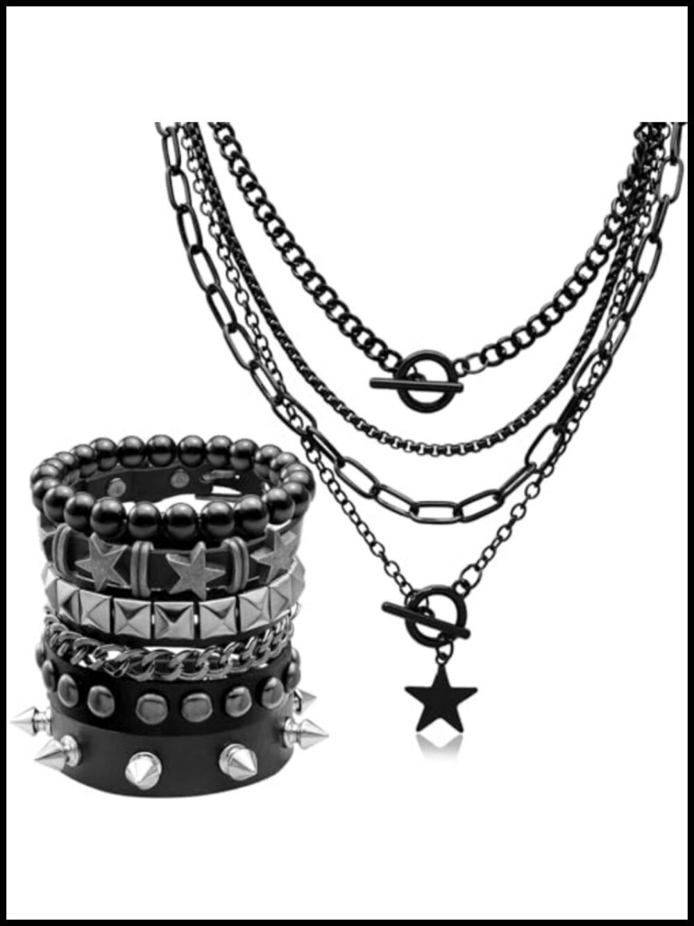 Grunge Emo Studded Bracelet Set with Star Guitar Necklace Y2K Punk Rock